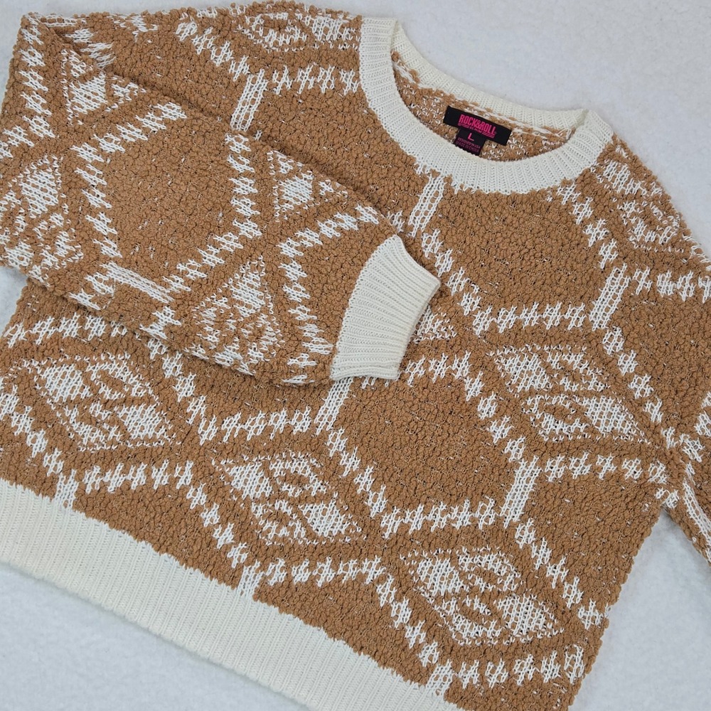 Rock &‎ Roll Denim Western Sweater Womens Large Brown Geometric Intarsia Knit